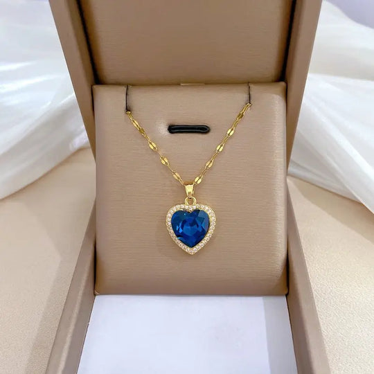 Blue Crystal Heart Halo Necklace | Amelia Bellrose Jewellery