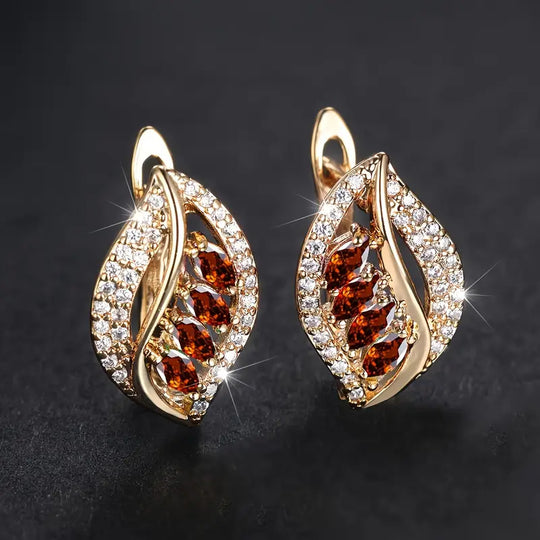 Marquise Red Crystal Leaf Earrings Gold | Amelia Bellrose Jewellery