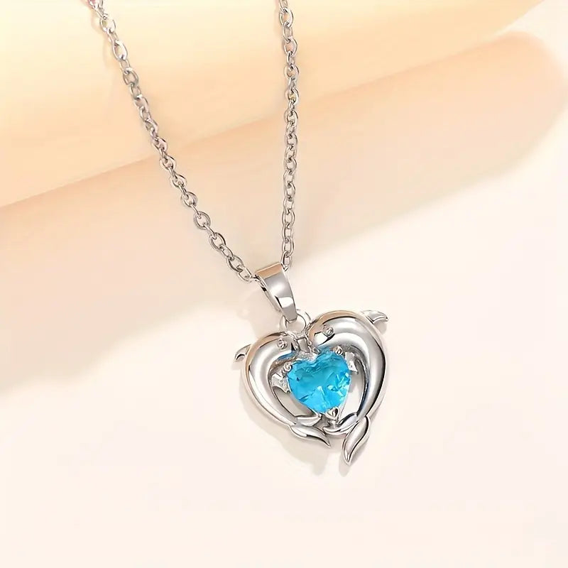 Blue Crystal Dolphin Heart Necklace | Amelia Bellrose Jewellery