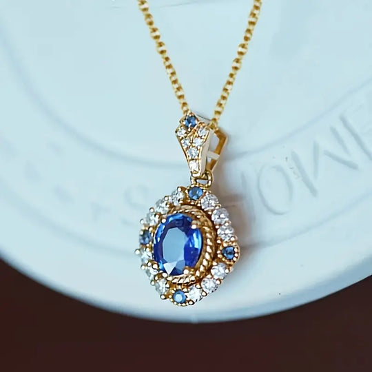 Vintage Blue Crystal Halo Necklace | Amelia Bellrose Jewellery