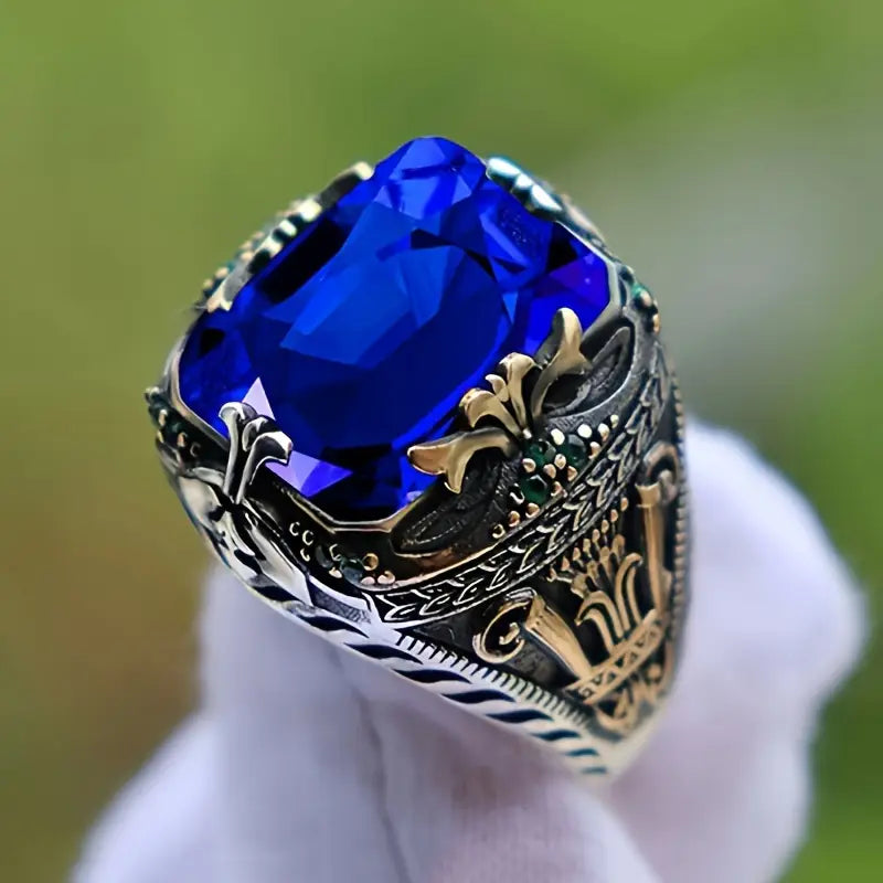 Royal Blue Crystal Engraved Statement Ring | Amelia Bellrose Jewellery