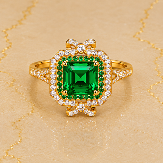 Emerald Crystal Double Halo Gold Ring | Amelia Bellrose Jewellery