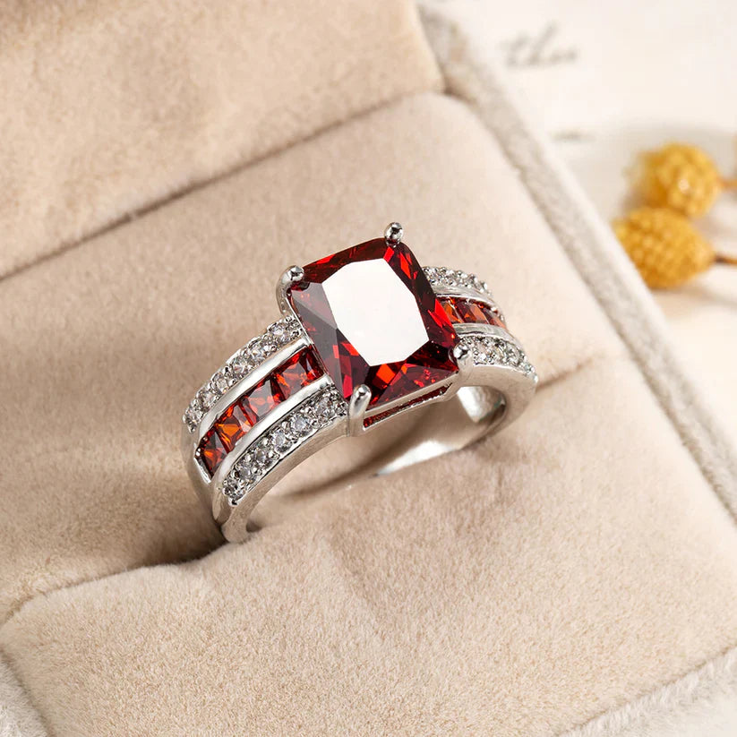 Emerald Cut Red Crystal Ring Silver | Amelia Bellrose Jewellery
