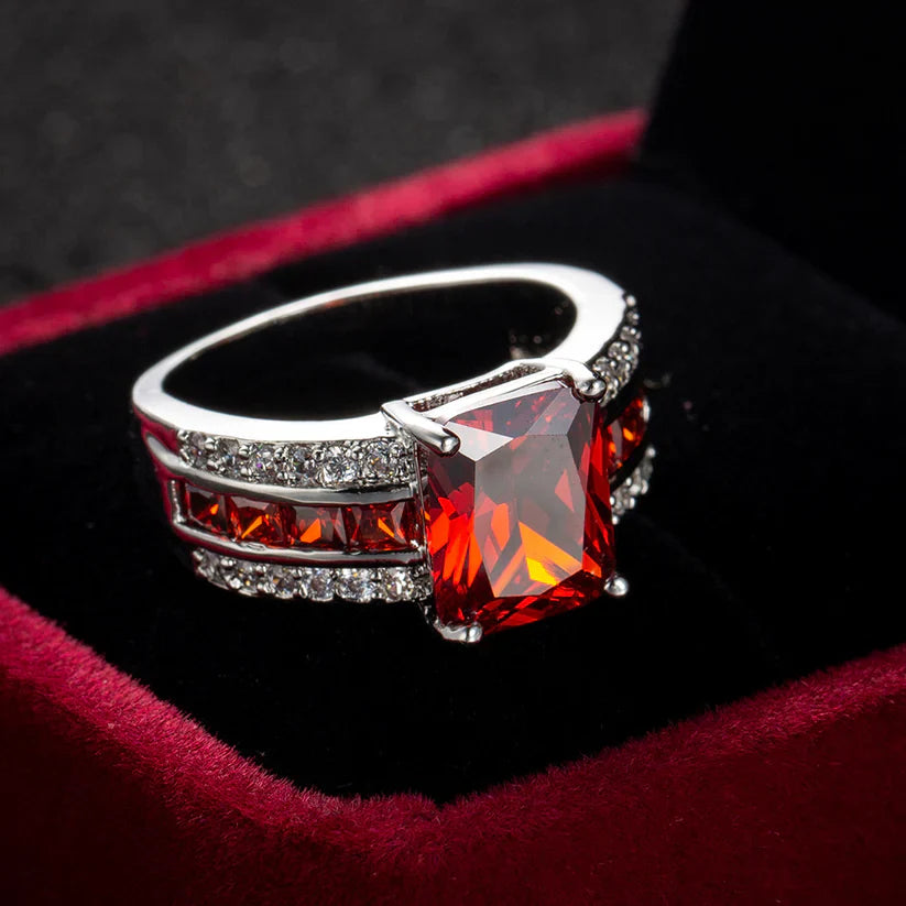 Emerald Cut Red Crystal Ring Silver | Amelia Bellrose Jewellery