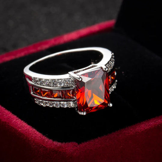 Emerald Cut Red Crystal Ring Silver | Amelia Bellrose Jewellery