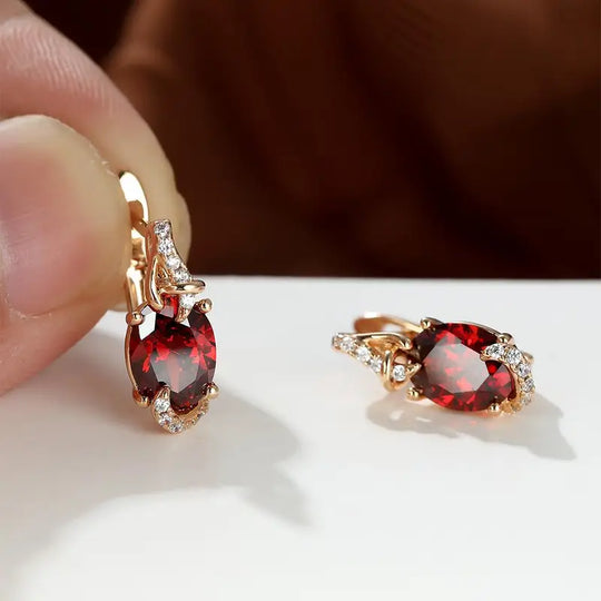 Oval Red Crystal Drop Earrings Gold | Amelia Bellrose Jewellery