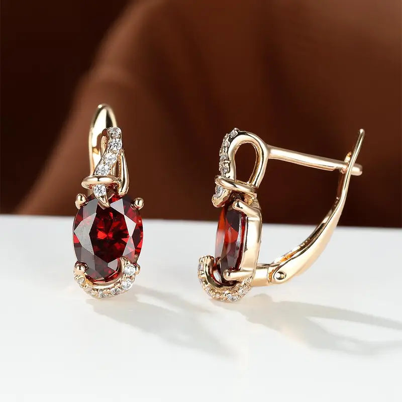 Oval Red Crystal Drop Earrings Gold | Amelia Bellrose Jewellery