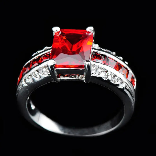 Emerald Cut Red Crystal Ring Silver | Amelia Bellrose Jewellery