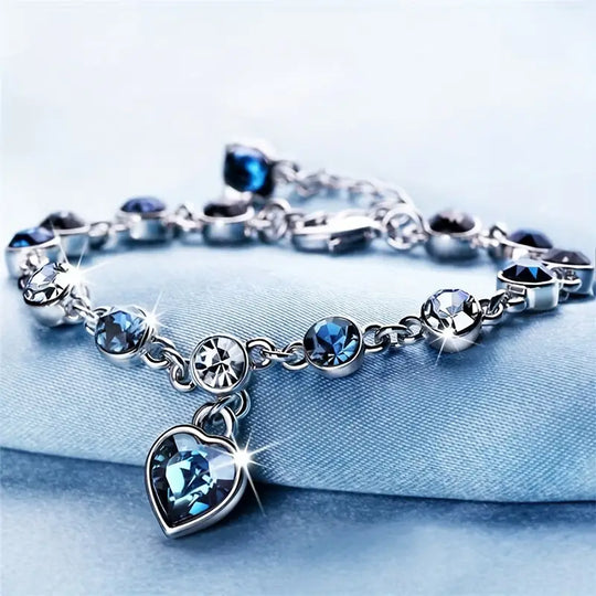 Blue Crystal Heart Charm Bracelet | Amelia Bellrose Jewellery