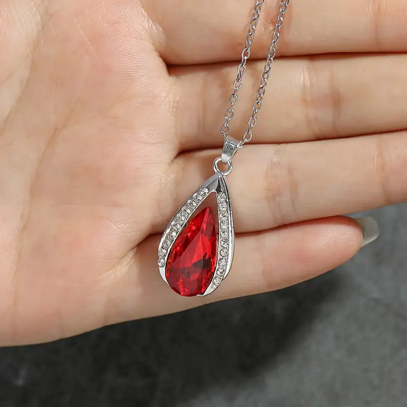 Teardrop Red Crystal Necklace Silver | Amelia Bellrose Jewellery