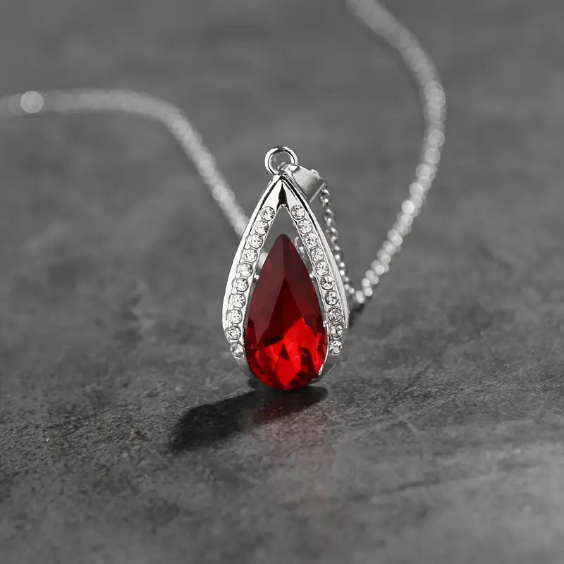Teardrop Red Crystal Necklace Silver | Amelia Bellrose Jewellery