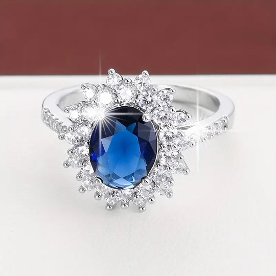 Oval Blue Crystal Double Halo Ring | Amelia Bellrose Jewellery