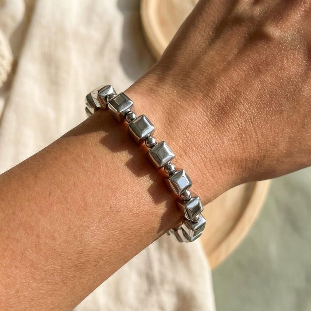 Silver Cube Beaded Stretch Bracelet | Amelia Bellrose Jewellery