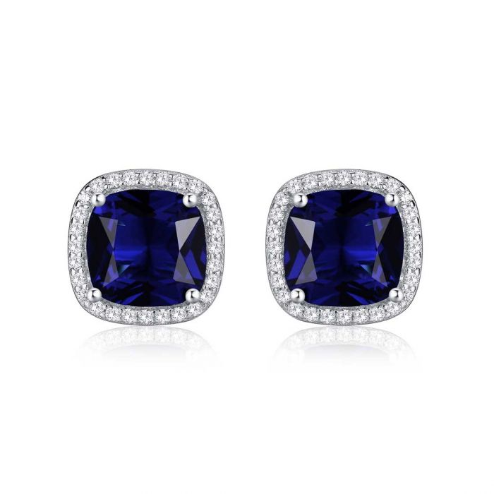 Cushion-Cut Blue Crystal Halo Stud Earrings | Amelia Bellrose Jewellery