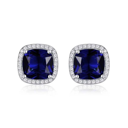 Cushion-Cut Blue Crystal Halo Stud Earrings | Amelia Bellrose Jewellery