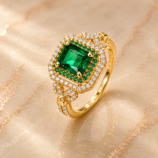 Emerald Crystal Double Halo Gold Ring | Amelia Bellrose Jewellery