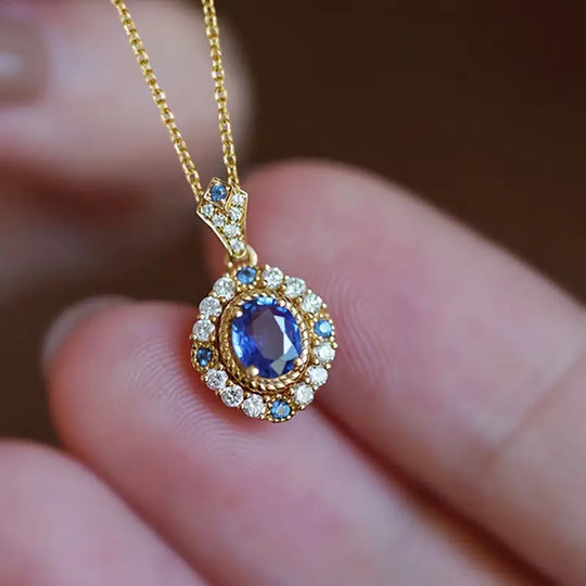 Vintage Blue Crystal Halo Necklace | Amelia Bellrose Jewellery
