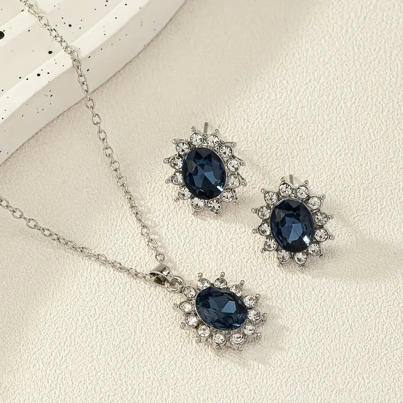 Oval Blue Crystal Floral Halo Jewellery Set | Amelia Bellrose Jewellery