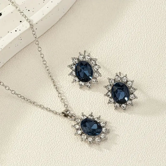 Oval Blue Crystal Floral Halo Jewellery Set | Amelia Bellrose Jewellery