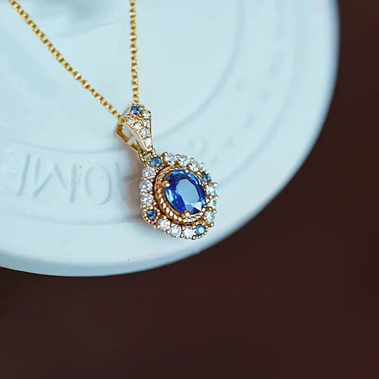 Vintage Blue Crystal Halo Necklace | Amelia Bellrose Jewellery