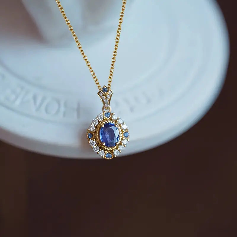 Vintage Blue Crystal Halo Necklace | Amelia Bellrose Jewellery