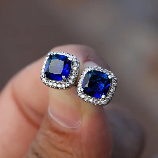 Cushion-Cut Blue Crystal Halo Stud Earrings | Amelia Bellrose Jewellery