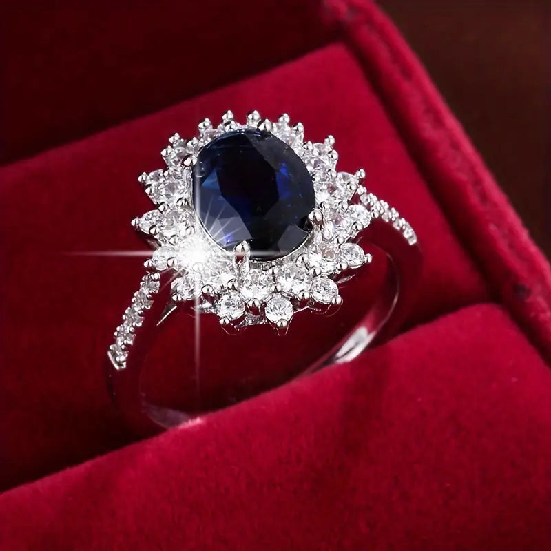 Oval Blue Crystal Double Halo Ring | Amelia Bellrose Jewellery