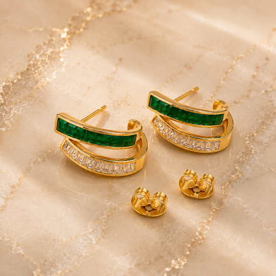 Green Inlay & Baguette Crystal Gold Hoop Earrings | Amelia Bellrose Jewellery
