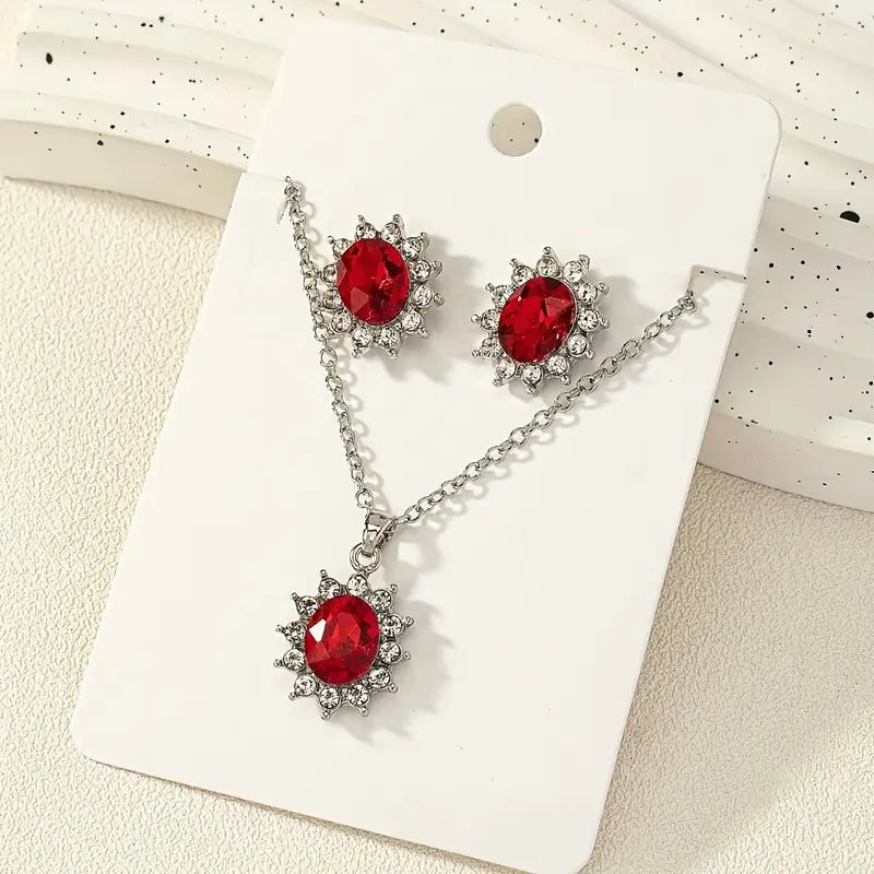 Oval Red Crystal Floral Halo Set Silver | Amelia Bellrose Jewellery