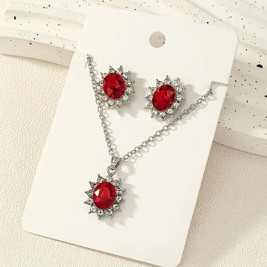 Oval Red Crystal Floral Halo Set Silver | Amelia Bellrose Jewellery