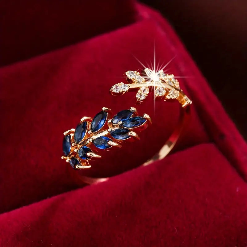 Blue Crystal Leaf Wrap Ring | Amelia Bellrose Jewellery