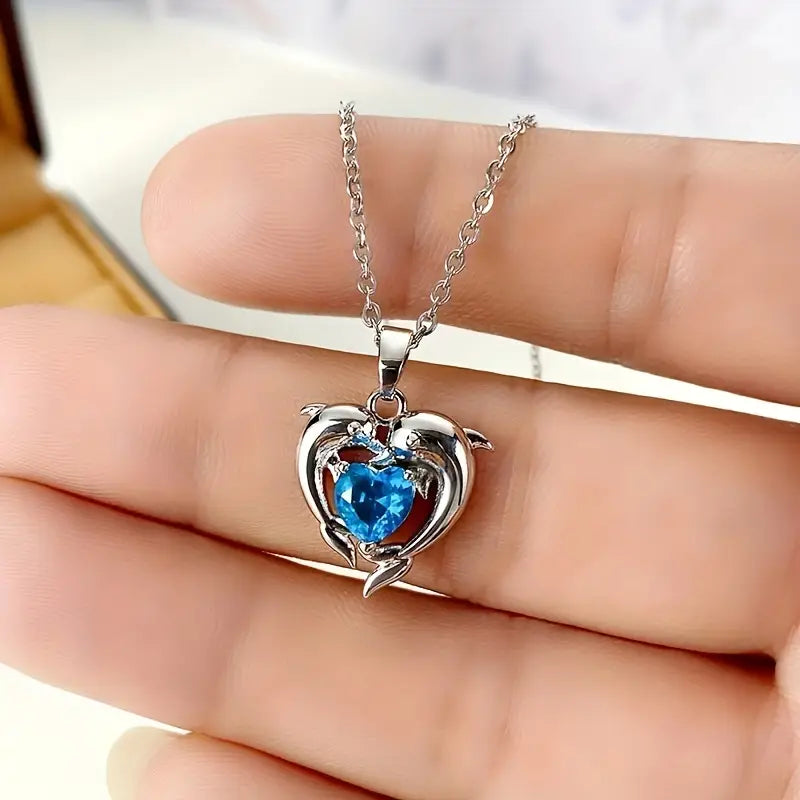 Blue Crystal Dolphin Heart Necklace | Amelia Bellrose Jewellery