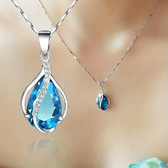 Blue Crystal Teardrop Wave Necklace | Amelia Bellrose Jewellery