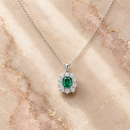 Emerald-Cut Crystal Halo Pendant Necklace | Amelia Bellrose Jewellery