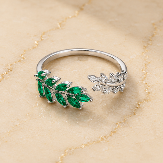 Leaf Motif Crystal Silver Ring | Amelia Bellrose Jewellery