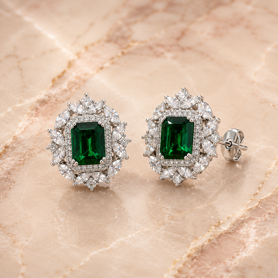 Emerald-Cut Floral Halo Stud Earrings | Amelia Bellrose Jewellery