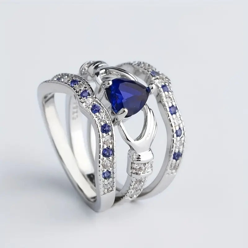 Blue Crystal Heart Multi-Band Ring | Amelia Bellrose Jewellery