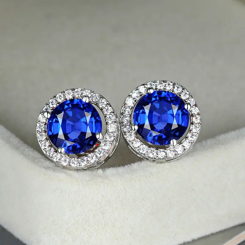 Round Blue Crystal Halo Stud Earrings | Amelia Bellrose Jewellery