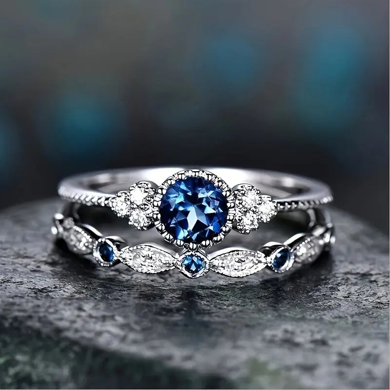 Blue Crystal Vintage Halo Ring Set | Amelia Bellrose Jewellery
