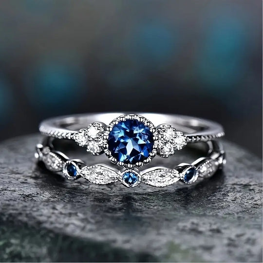 Blue Crystal Vintage Halo Ring Set | Amelia Bellrose Jewellery