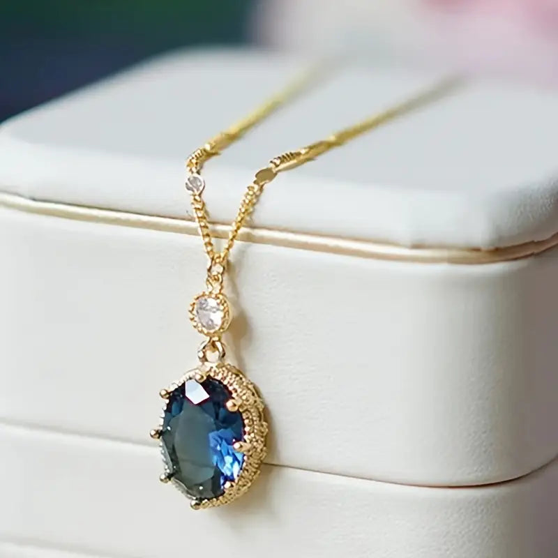 Oval Blue Crystal Drop Necklace | Amelia Bellrose Jewellery