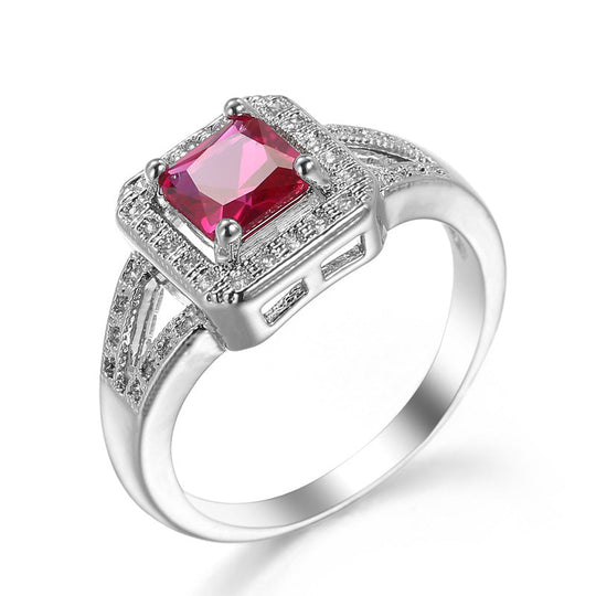 Square Red Crystal Halo Ring Silver | Amelia Bellrose Jewellery