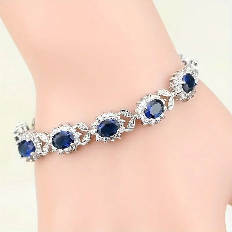 Oval Blue Crystal Floral Halo Bracelet | Amelia Bellrose Jewellery