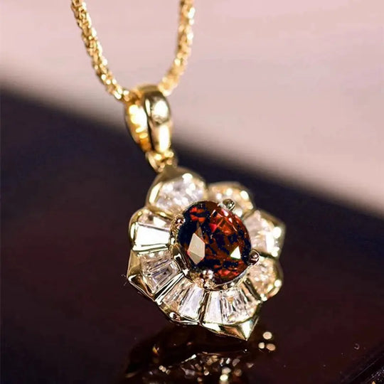Floral Red Crystal Pendant Necklace Gold | Amelia Bellrose Jewellery