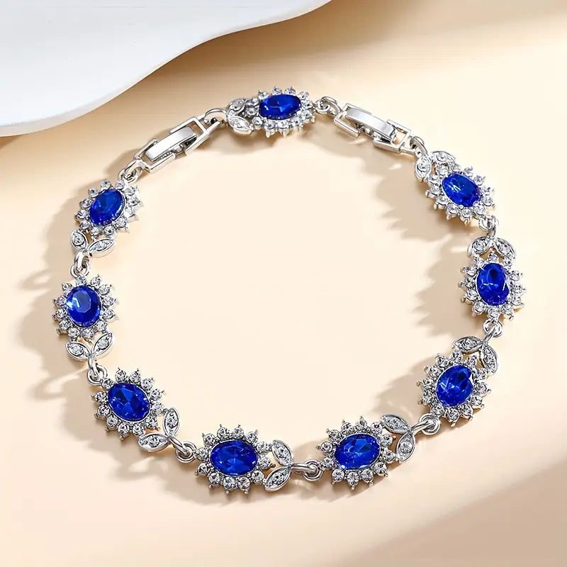 Oval Blue Crystal Floral Halo Bracelet | Amelia Bellrose Jewellery