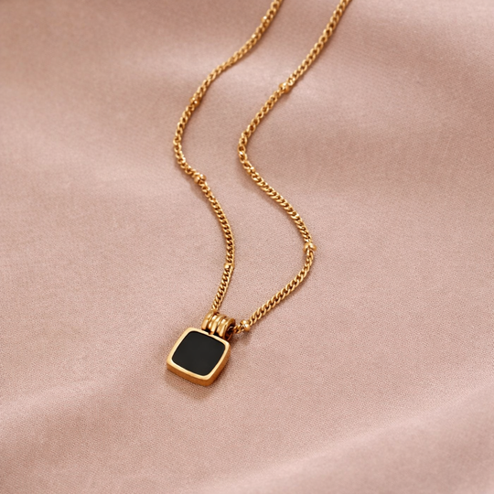 Black Square Pendant Gold Chain Necklace | Amelia Bellrose Jewellery