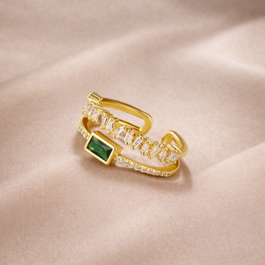 Green Baguette Crystal Multi-Band Gold Ring | Amelia Bellrose Jewellery