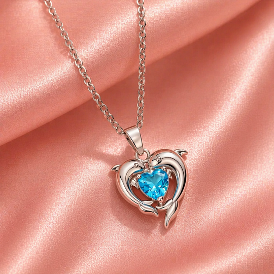 Blue Crystal Dolphin Heart Necklace | Amelia Bellrose Jewellery
