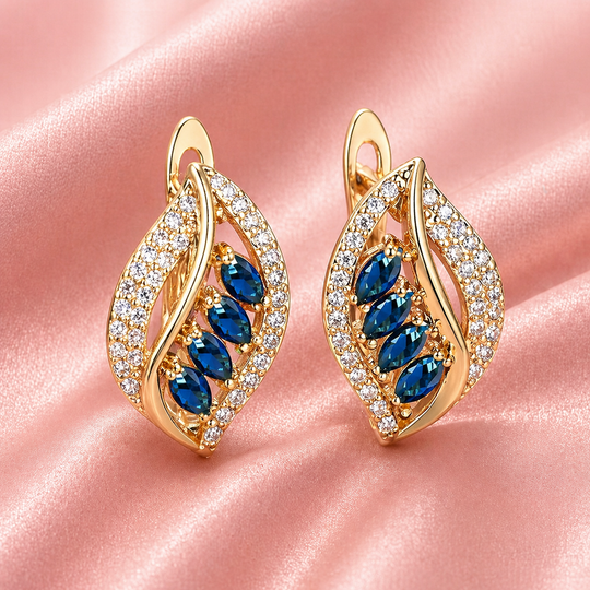 Blue Crystal Leaf Twist Hoop Earrings | Amelia Bellrose Jewellery