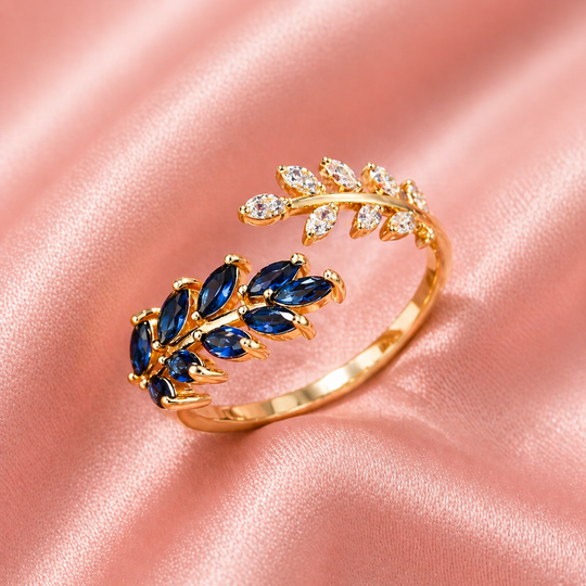 Blue Crystal Leaf Wrap Ring | Amelia Bellrose Jewellery